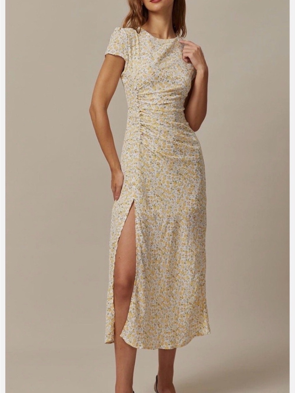 RIHOAS Yellow Floral Ruched Side-Slit Midi Dress